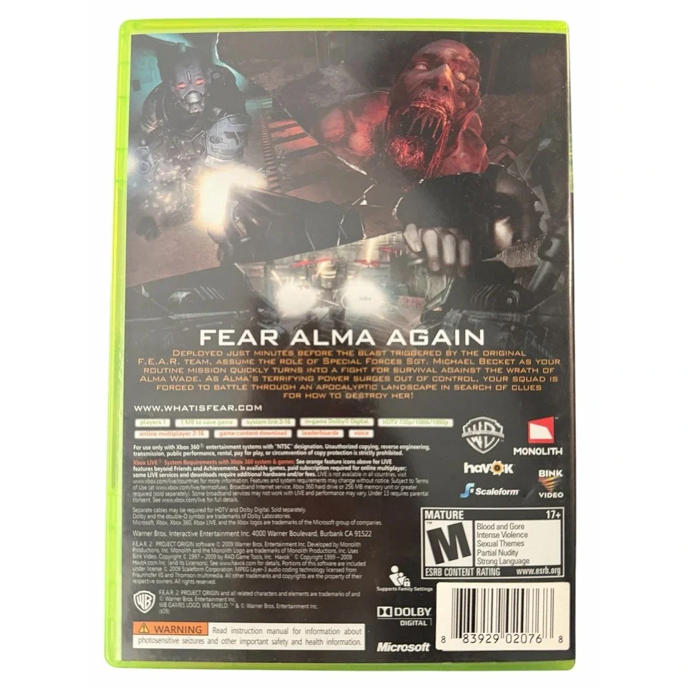 F.E.A.R. 2: Project Origin Horror Microsoft Xbox 360 With Manual